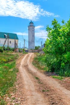 Sanzheyka, Ukraine - 06.09. 2019. Lighthouse near the village of Sanzheyka in Odessa region, Ukraine, on a sunny summer day