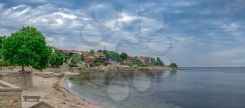 Nessebar, Bulgaria – 07.10.2019.  Seashore of the old town of Nessebar, Bulgaria, on a cloudy summer morning