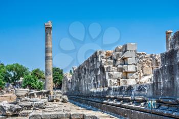 Broken Columns in the Temple of Apollo at Didyma, Turkey, on a sunny summer day