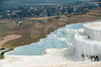 Pamukkale Travertine pool in Turkey on a summer morning.