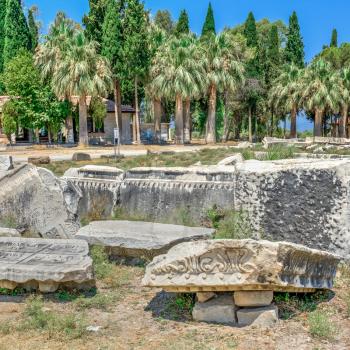 Huge stone blocks of the Ancient Theatre in the greek city of Miletus in Turkey on a sunny summer day
