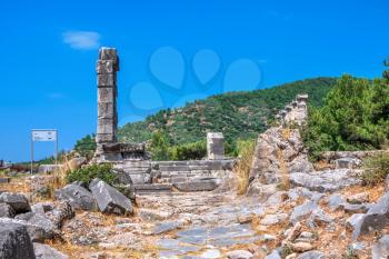 Ruins of the Ancient greek temple in Priene, Turkey, on a sunny summer day