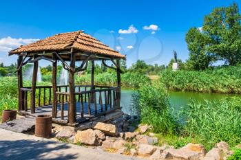 Zaporozhye, Ukraine 07.21.2020. Small pond in Voznesenovsky park on a sunny summer morning