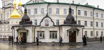 Pochaev, Ukraine 01.04.2020.  Holy Dormition Pochaev Lavra in Pochaiv, Ukraine, on a gloomy winter morning before Orthodox Christmas