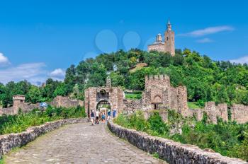 Veliko Tarnovo, Bulgaria – 07.25.2019. Entrance to Tsarevets fortress with the Patriarchal Cathedral of the Holy Ascension of God in Veliko Tarnovo, Bulgaria, on a sunny summer day