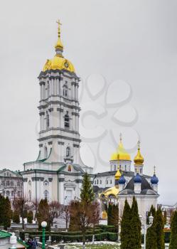 Pochaev, Ukraine 01.04.2020.  Holy Dormition Pochaev Lavra in Pochaiv, Ukraine, on a gloomy winter morning before Orthodox Christmas