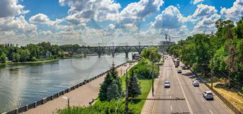 Dnipro, Ukraine 07.18.2020. Big size panoramic view of the Dnieper river and  embankment of Dnipro in Ukraine a sunny summer morning