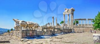 Pergamon, Turkey -07.22.2019. Agora in the Ruins of the Ancient Greek city Pergamon in Turkey. Big size panoramic view on a sunny summer day