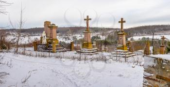 Mykulyntsi, Ukraine 01.06.2020. Grave of the Reyiv family and the Polish cemetery in Mykulyntsi village, Ternopil region of Ukraine, on a winter day