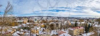 Terebovlia, Ukraine 01.06.2020. Panoramic top view of the town of Terebovlya, Ternopil region of Ukraine, on a sunny winter day
