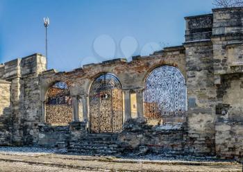 Kamianets-Podilskyi, Ukraine 01.07.2020. Ruins of the Armenian Cathedral in Kamianets-Podilskyi historical centre on a sunny winter morning