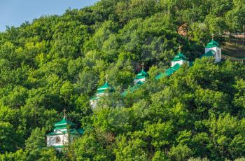 Svyatogorsk, Ukraine 07.16.2020.  Panoramic view of the Holy Mountains Lavra of the Holy Dormition in Svyatogorsk or Sviatohirsk, Ukraine, on a sunny summer morning