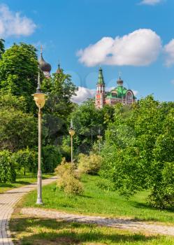 Kyiv, Ukraine 07.09.2020.  Feofaniia Park and the Cathedral of St. Panteleimon in Kyiv, Ukraine, on a sunny summer day