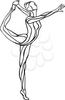 Creative silhouette of gymnastic girl. Art rhythmic gymnastics, black and white vector illustration