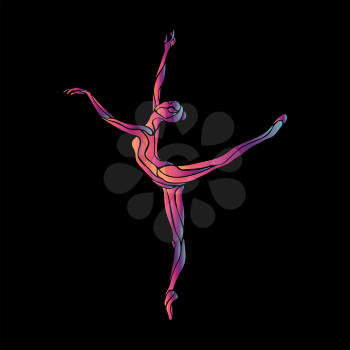 Creative silhouette of gymnastic girl. Art gymnastics woman, illustration or banner template in trendy abstract colorful neon waves style on black background