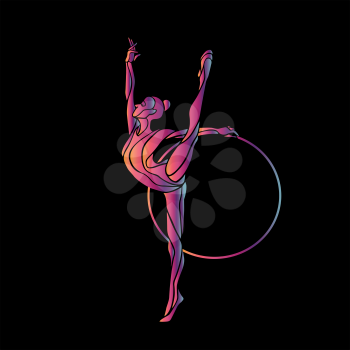Rhythmic Gymnastics with Hoop black Color Silhouette on black background. Vector illustration. eps 8