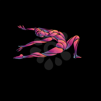 Creative silhouette of gymnastic girl. Art gymnastics woman, flexible yoga girl in trendy abstract colorful neon waves style on black background