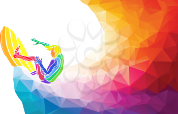 Creative silhouette of surfer. Art gymnastics, colorful vector illustration with background or banner template in trendy abstract colorful polygon style and rainbow back