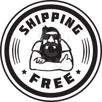 Shipping free delivery free black and white vector label or stamp with thumbs up bearded man