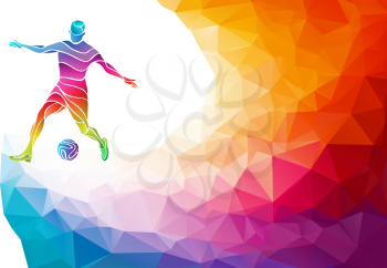 Creative soccer player. Football player kicks the ball, colorful vector illustration with background or banner template in trendy abstract colorful polygon style and rainbow back