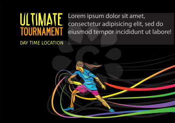 Ultimate sport, flying disc invitation poster or flyer background with female sportsman and empty space, banner template