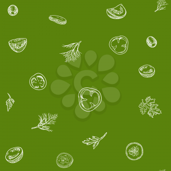 Veggie seamless vector pattern with vegetables. Seamless background with hand drawn salad ingredients on green back