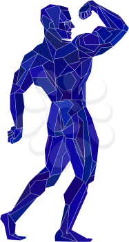 Polygonal blue bodybuilder showing his bicep. Athlete.