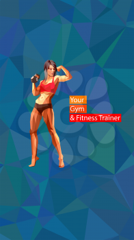 Colored posing fitness woman with dumbbell, silhouette. Vector illustration
