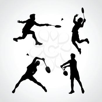Badminton Players Silhouettes Set. Men silhouettes play Badminton vector. Collection of sportsmen. Vector illustration
