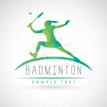 Badminton sports logo. Silhouette of professional female badminton player. Vector illustration