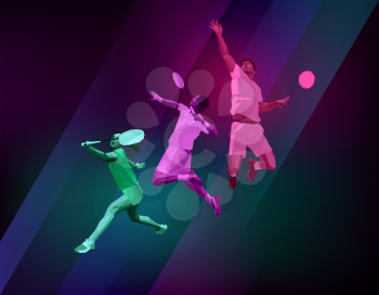 Sports poster with badminton players colorful on dark background. Trendy polygons, vector illustration