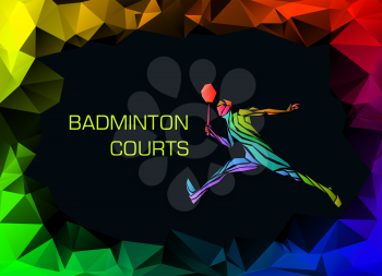 Sports poster with badminton player colorful on dark background. Trendy polygons, vector illustration