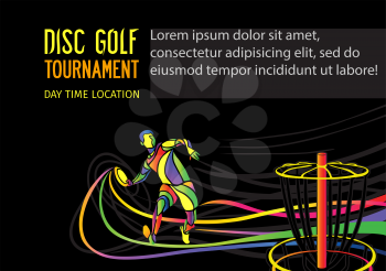 Disc golf sport, flying disc invitation poster or flyer background with sportsman silhouette and empty space, vector banner template