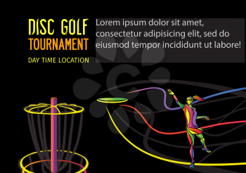 Disc golf sport, flying disc Frolf invitation poster or flyer background with female sportsman silhouette and empty space, horisontal vector banner template
