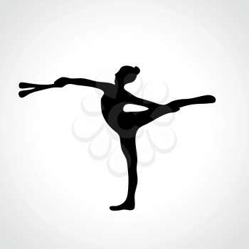 Creative silhouette of gymnastic girl. Art gymnastics with clubs, black and white vector illustration