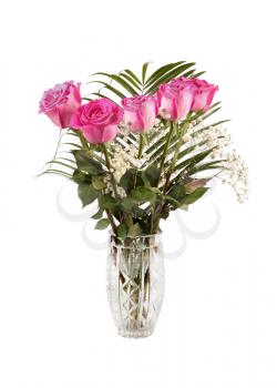 Bouquet of pink roses in the vase isolated on white background