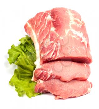 Fresh raw pork and lettuce on white background