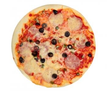 Pizza with ham and olives isolated on white background