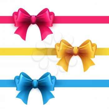 Set of gift bows with ribbons. Pink, gold and blue color