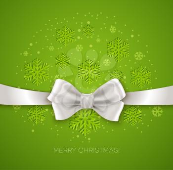 Green Christmas background ribbon with white silk bow Vector illustration