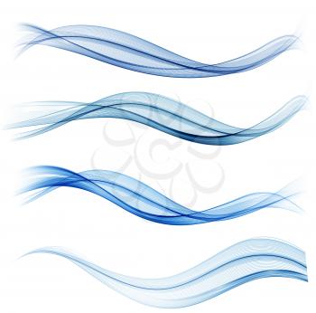 Vector Set of blue abstract wave design element. Transparent smoke wave