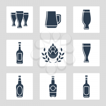 Beer icons vector set with bottles glasses hop and wheat