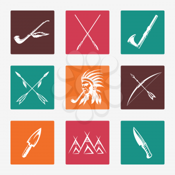 Ethnic icons with hand drawn arrows knife bow pike and native american indian. Vector illustration