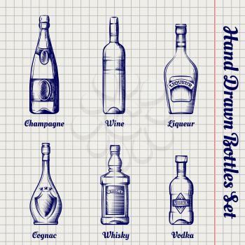 Hand drawn bottles set. Sketch bottles on the notebook page vector illustration