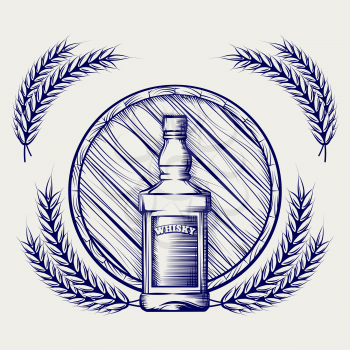 Hand drawn sketch of whisky bottle barrel and wheat ball pen logo vector
