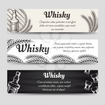 Horizontal whisky banners set. Banners vector with glasses bottles and barrel