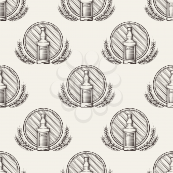 Whisky seamless pattern with barrel bottle and wheat. Vector illustration