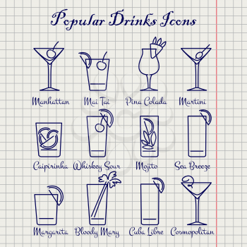 Popular drinks icons set on notebook page vector