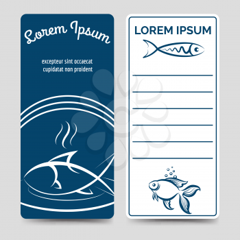 Vertical banners with fish. Blue and white sea food restaurant vector flyers