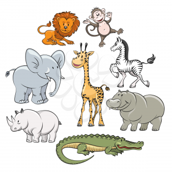 Cartoon safari and jungle animals flat icons. Vector illustration